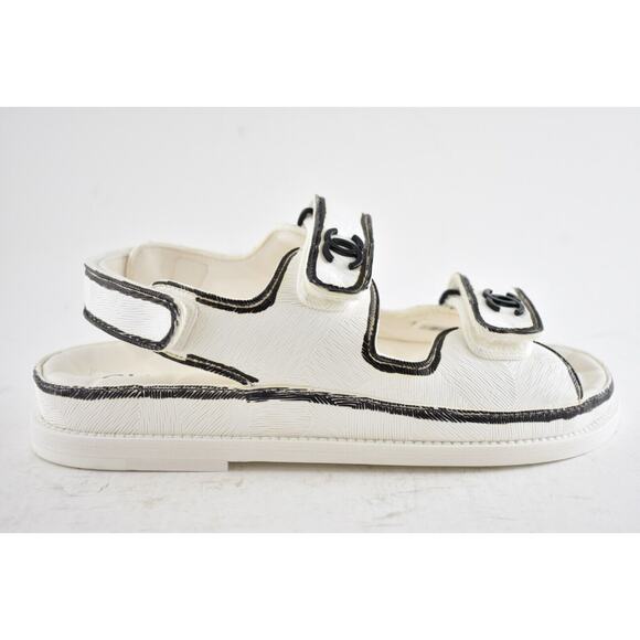 Chanel 22C White Black Graffiti CC Logo Mule Slide Strap Flat Dad Teva Sandal 39 - Picture 2 of 12